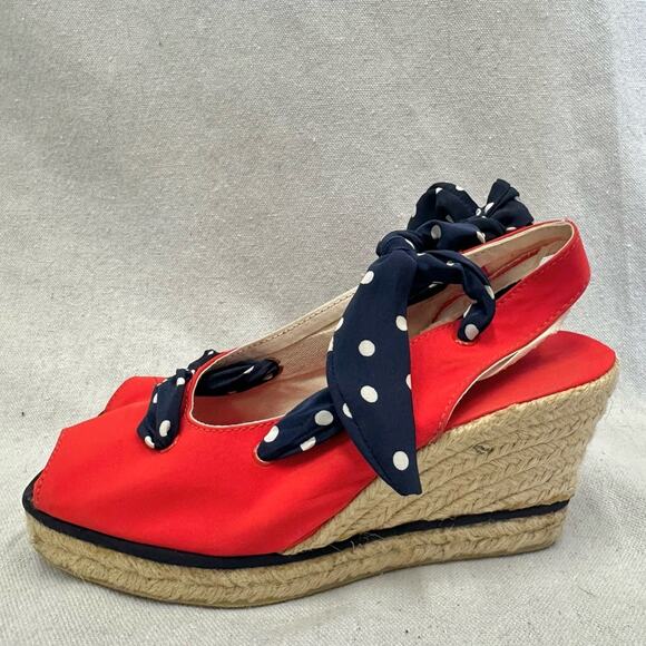 Charles Jourdan vintage 80s red espadrille wedge peep toe Euro size 37 - Picture 2 of 15